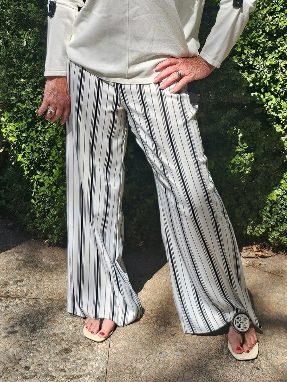 Joseph Ribkoff White and Black Vertical-Striped Wide-Leg Pants